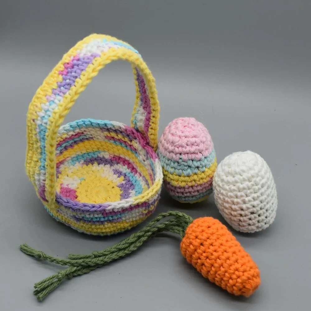 Hand Crafted Crochet Kitty Cat Easter Basket with Three Catnip Toys